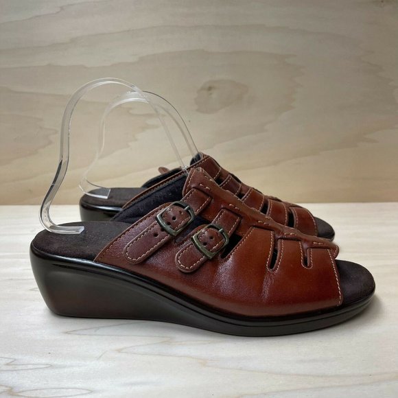 Sas Tripad Comfort Womens Leather Wedge Heel Buckle Brown Slide Sandals Sz 10 N - Picture 1 of 6